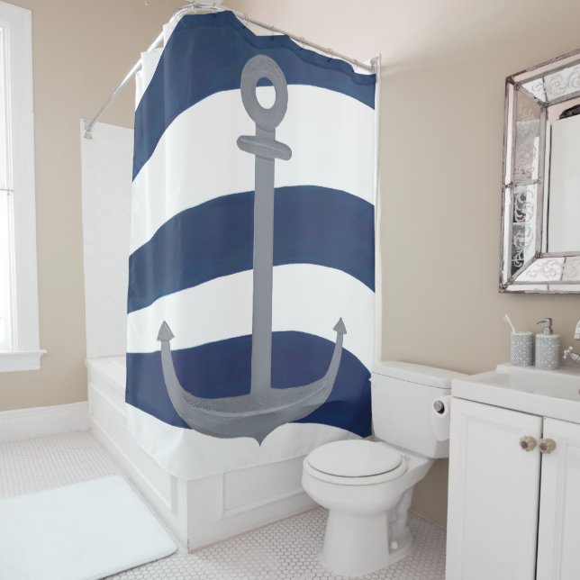 Nautical Gray Anchor Curved Blue and White Stripes Shower Curtain (In Situ)