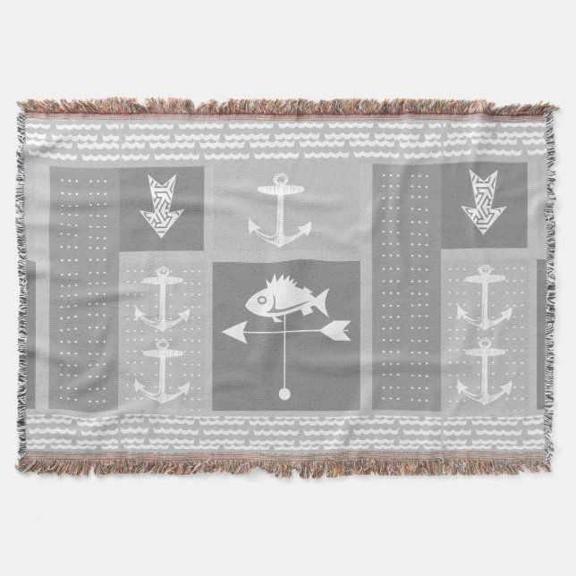 Nautical Gray Anchor Fish Weather Vane Pattern Throw Blanket (Front)