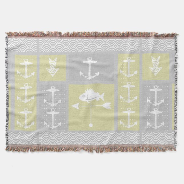 Nautical Gray Anchor Fish Weather Vane Pattern Throw Blanket (Front)