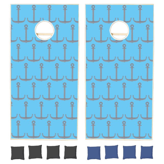 Nautical Gray Anchor Pattern on Blue Cornhole Game (Set)