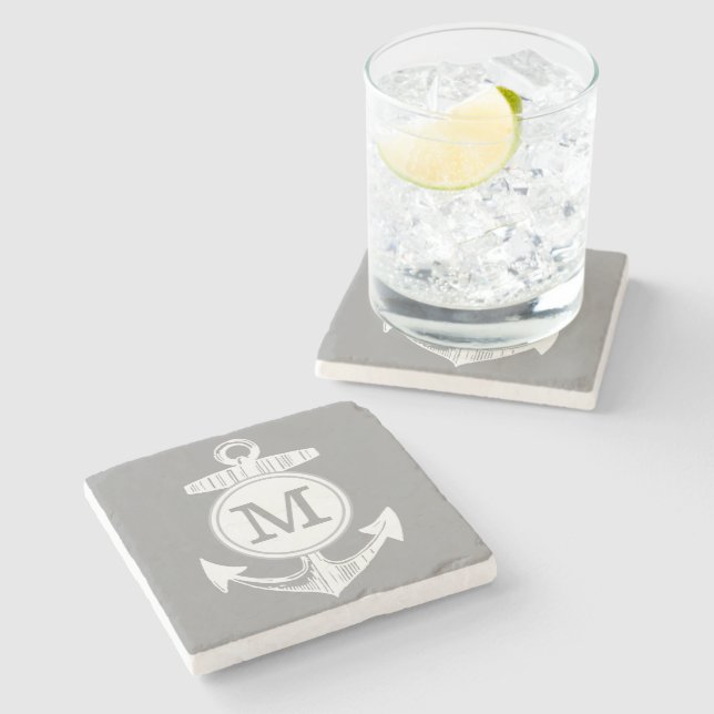 Nautical Gray Anchor Stone Coaster (Side)