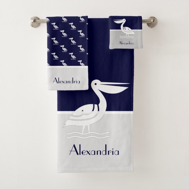 Nautical Gray and Navy Blue  White Pelican Bath Towel Set (Insitu)