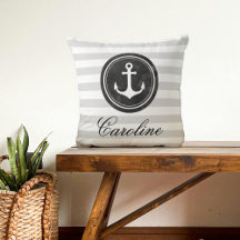 Nautical Gray, Black, White Stripes Anchor