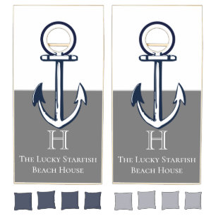 Nautical Gray Blue Anchor Beach house Monogram Cornhole Set