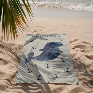 Nautical Gray Blue Navy Anchors Cute Kawaii Whale Beach Towel