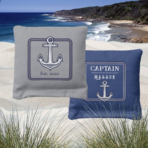 Nautical Gray Blue White Anchor Coastal Monogram  Cornhole Bags