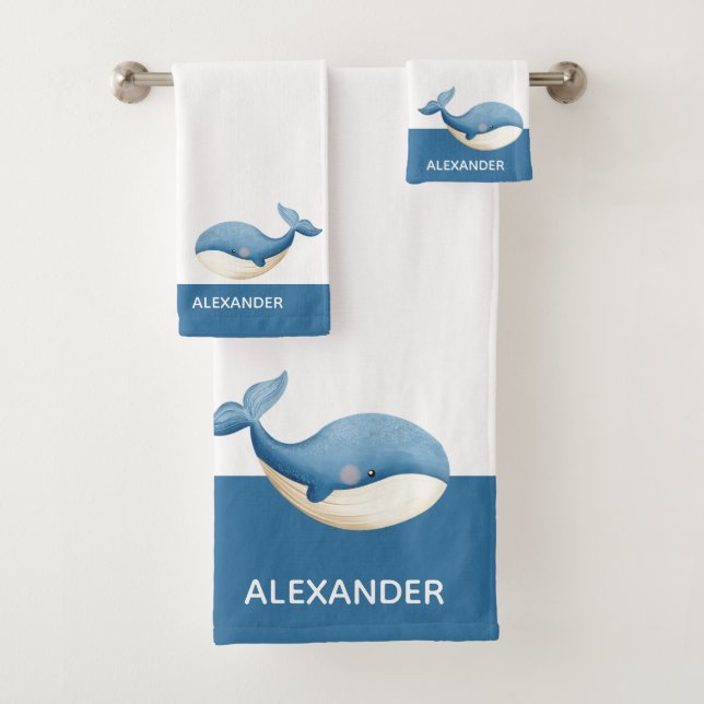 Nautical Gray Blue White Whale  Bath Towel Set (Insitu)