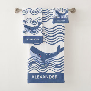 Nautical Gray Blue White Whale Waves   Bath Towel