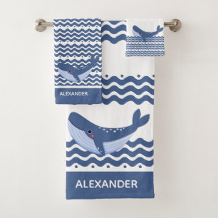 Nautical Gray Blue White Whale Waves   Bath Towel Set