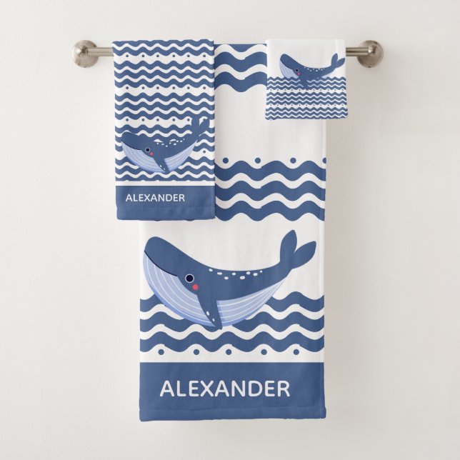 Nautical Gray Blue White Whale Waves   Bath Towel Set (Insitu)