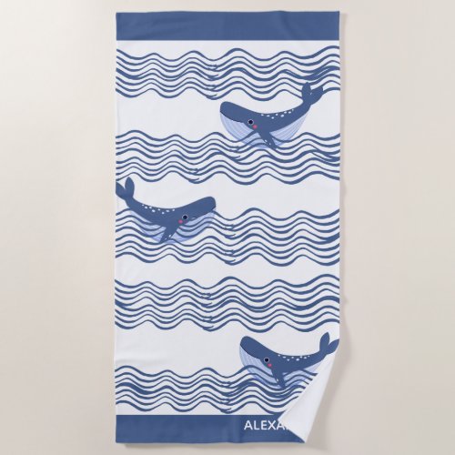 Nautical Gray Blue White Whale Waves  Beach Towel