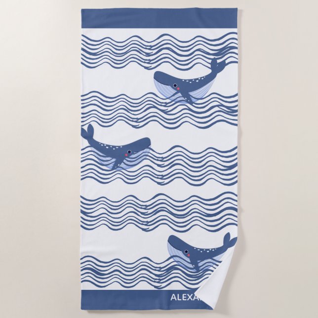 Nautical Gray Blue White Whale Waves  Beach Towel (Front)