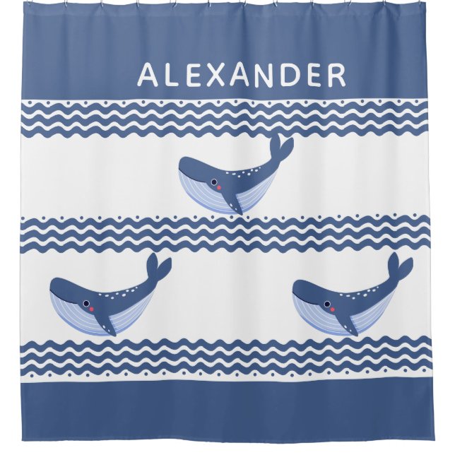 Nautical Gray Blue White Whale Waves   Shower Curtain (Front)