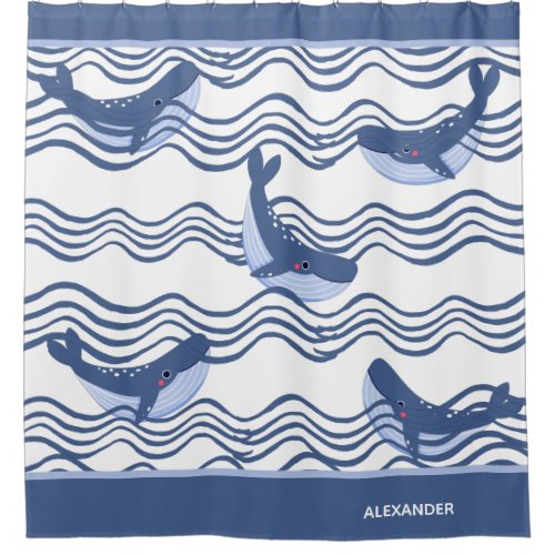 Nautical Gray Blue White Whale Waves Shower Curtain