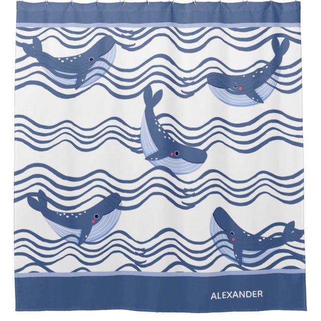 Nautical Gray Blue White Whale Waves Shower Curtain (Front)