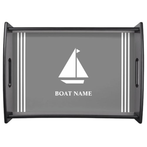 Nautical Gray Boat And Captain Add Name Serving Tray