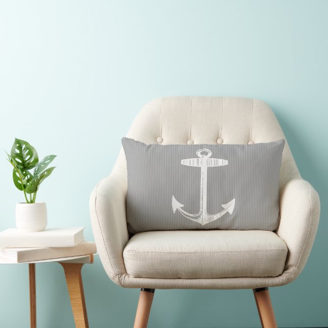 Nautical Gray Striped Anchor Lumbar Pillow (Chair)