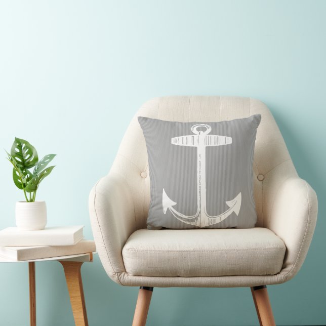 Nautical Gray Striped Anchor Throw Pillow (Chair)