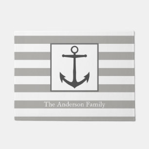 Nautical Gray Stripes & Anchor Family Name Doormat