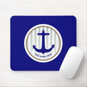 Nautical Gray Stripes and Blue Anchor Mouse Pad
