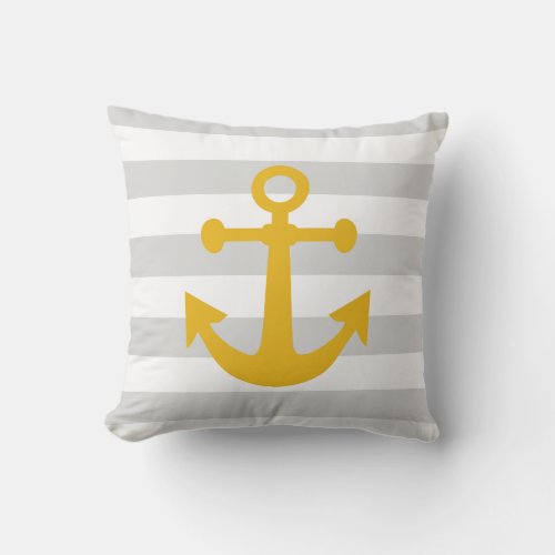 Nautical Gray Stripes Mustard Yellow Anchor Throw Pillow