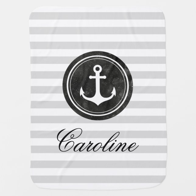 Nautical Gray Stripes Personalized Name Baby Blanket (Front)