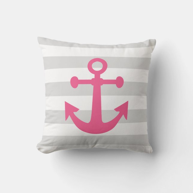 Nautical Gray Stripes Pink Anchor Throw Pillow (Front)