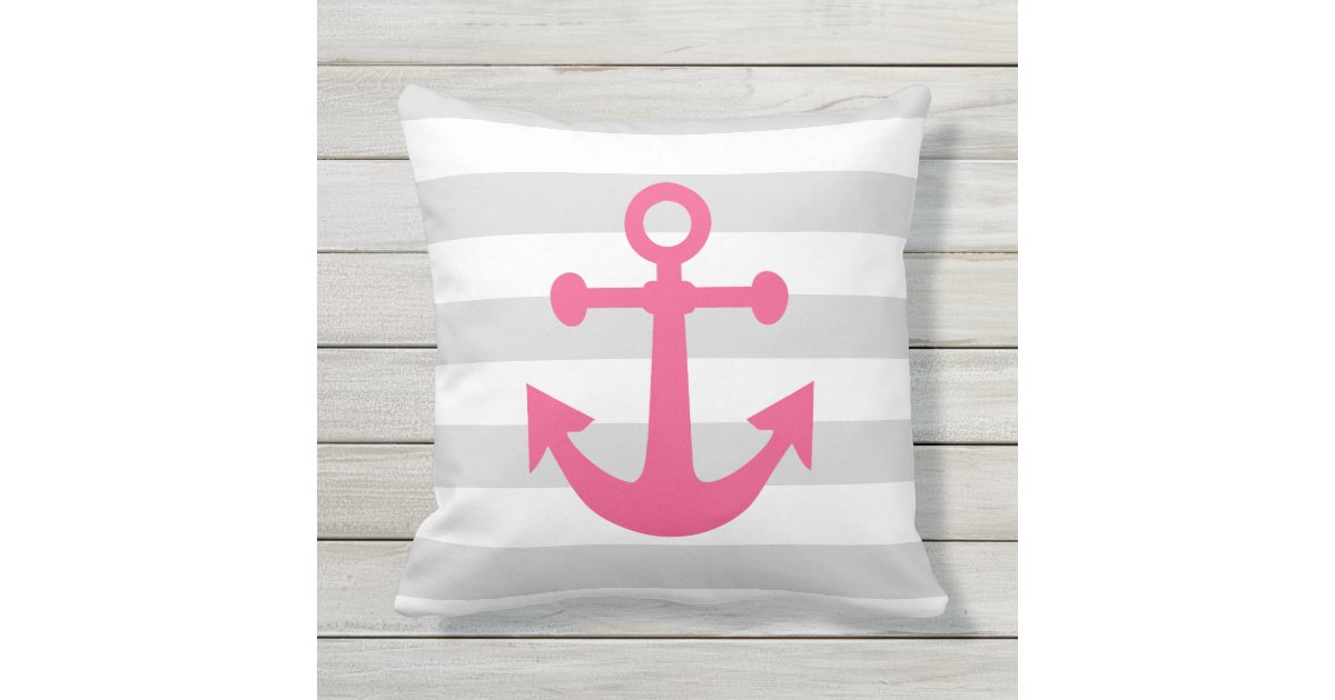 Nautical Gray Stripes Pink Anchor Throw Pillow Zazzle Com
