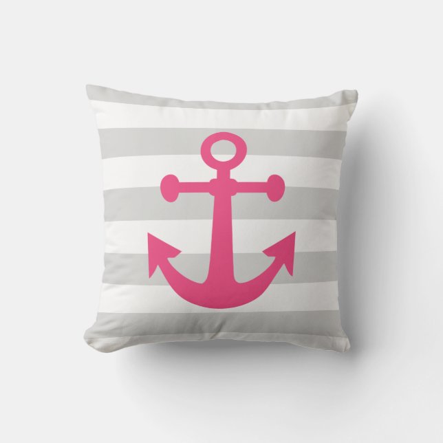 Nautical Gray Stripes Pink Anchor Throw Pillow (Front)