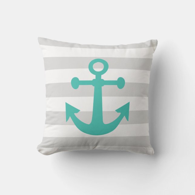 Nautical Gray Stripes Turquoise Anchor Throw Pillow (Front)