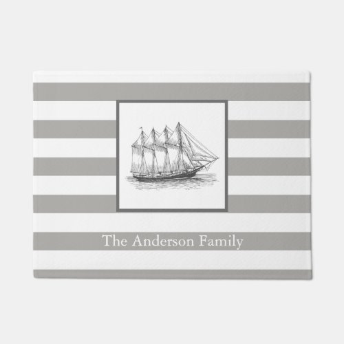 Nautical Gray Vintage Schooner Ship  Family Name Doormat