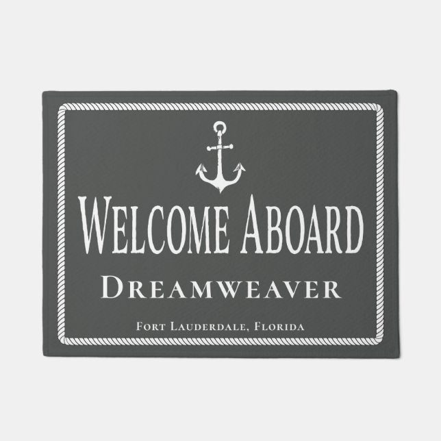 Nautical Gray Welcome Aboard Boat Name Anchor  Doormat (Front)