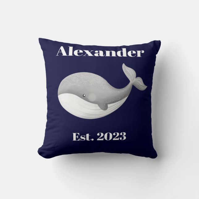 Nautical Gray Whale Stripes  White and Navy Blue Throw Pillow (Front)