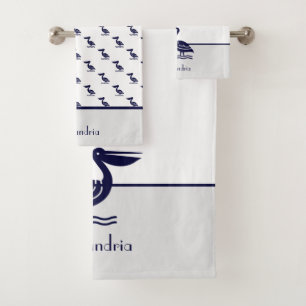 Nautical Gray White and Navy Blue Pelican Bath To Towel Set