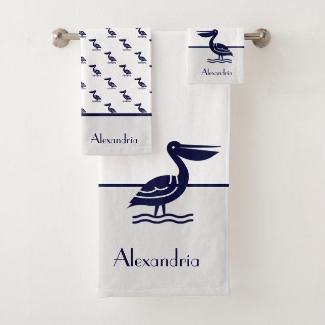 Nautical Gray White and Navy Blue  Pelican Bath Towel Set (Insitu)