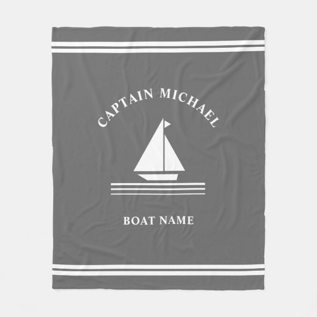 Nautical Gray White Boat Name Boating Illustration Fleece Blanket (Front)