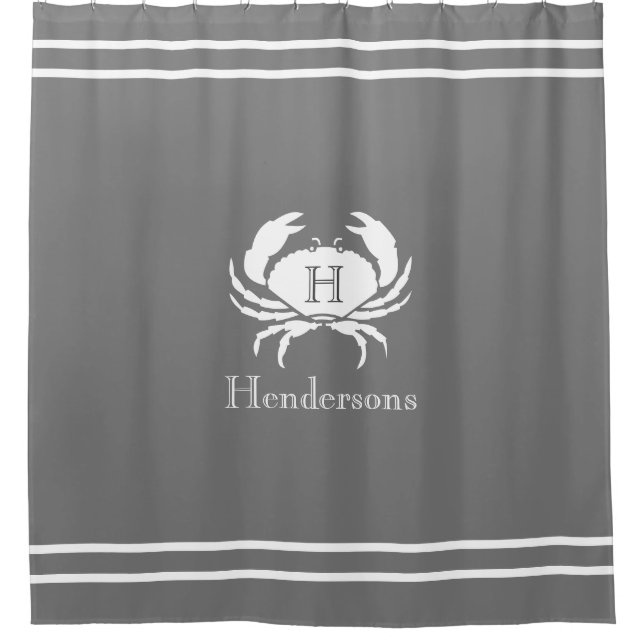 Nautical Gray  White Crab Monogram Name  Shower Curtain (Front)