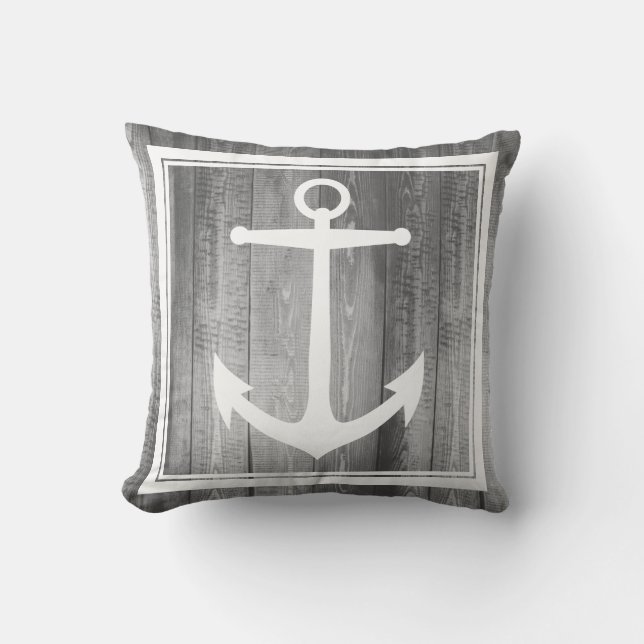 Nautical Gray Wood White Anchor Family Name Throw Pillow (Front)