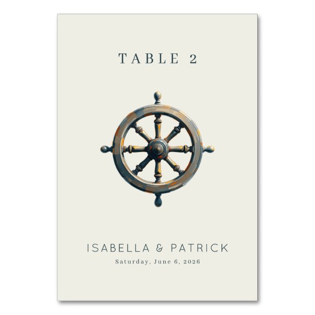 Nautical Gray Wooden Ship's Wheel Table Number (Front)