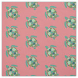 Nautical Green Sea turtles Pattern on Coral Pink Fabric