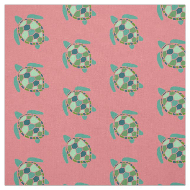 Nautical Green Sea turtles Pattern on Coral Pink Fabric (Swatch)