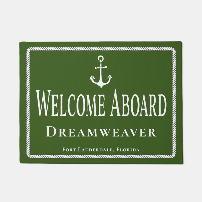 Nautical Green Welcome Aboard Boat Name Anchor Doormat (Front)