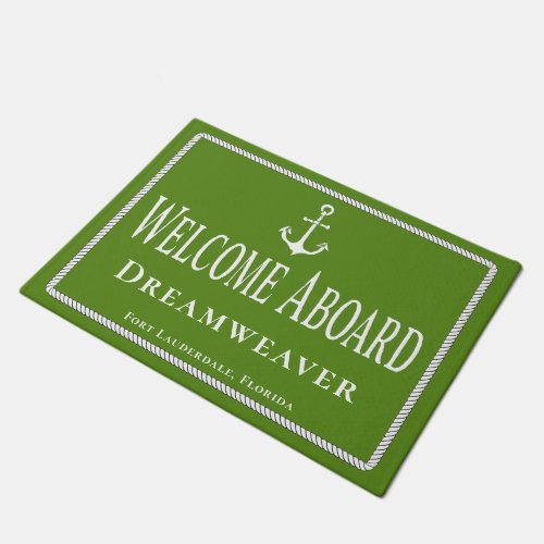Nautical Green Welcome Aboard Boat Name Anchor Doormat
