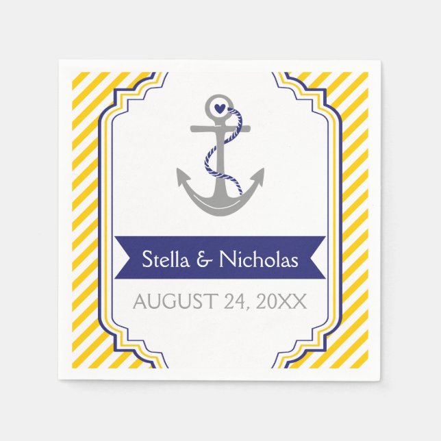 Nautical grey anchor navy blue, yellow wedding napkins (Front)