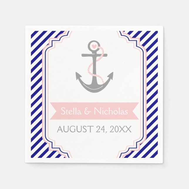 Nautical grey anchor pink navy blue white wedding napkins (Front)