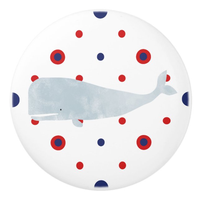 Nautical Grey Watercolor Whale Red Blue Dots Ceramic Knob (Front)