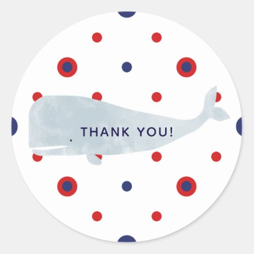 Nautical Grey Watercolor Whale Red Blue Dots Party Classic Round Sticker