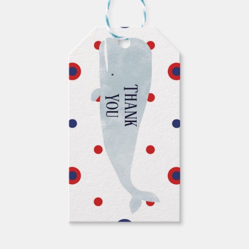 Nautical Grey Watercolor Whale Red Blue Dots Party Gift Tags