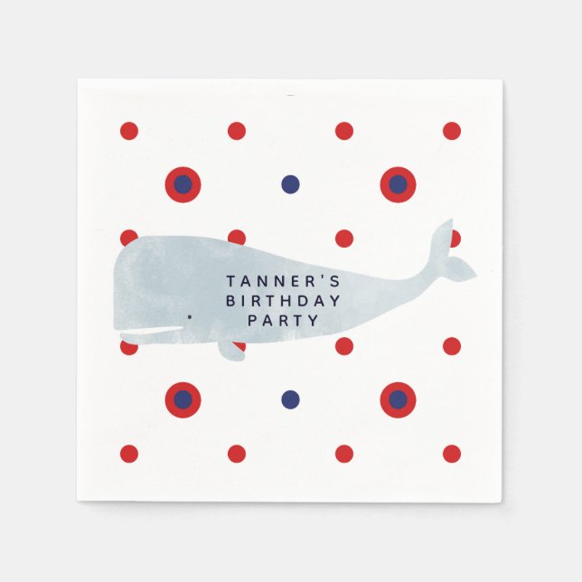 Nautical Grey Watercolor Whale Red Blue Dots Party Napkins (Front)