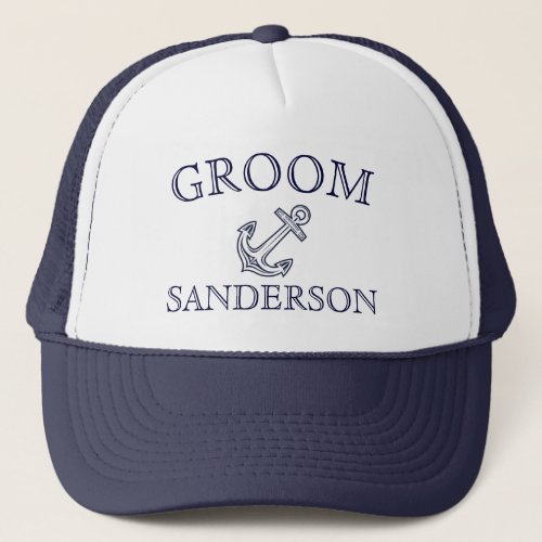 Nautical Groom Name Navy Blue Wedding baseball  Trucker Hat
